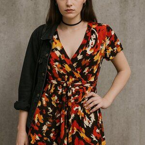 RARE Y2K Dots Wrap Mini Dress L Abstract Floral Mall Brand Vintage 2000s Cottage